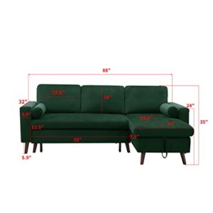i-POOK 88" Sectional Sofa with Pull-Out Bed, Modern Velvet Upholstered Corner Sofa Bed with Reversible Storage Chaise and 2 Pillows, Mid-Century L-Shaped Sofa for Living Room Office, Green