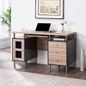 elsy 3-drawer file cabinet two-tone desk with keyboard tray, power outlets, usb ports charging station, metal legs - 47.2" wood computer writing desk gaming sturdy home office desk - espresso, natural