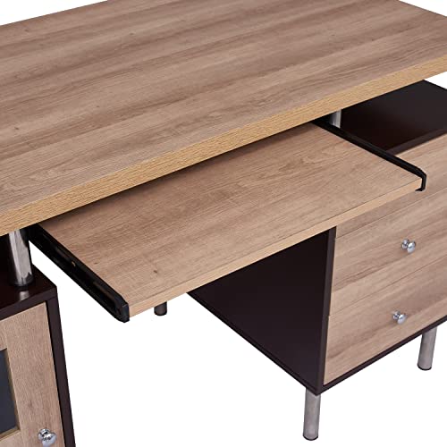 Elsy 3-Drawer File Cabinet Two-Tone Desk with Keyboard Tray, Power Outlets, USB Ports Charging Station, Metal Legs - 47.2" Wood Computer Writing Desk Gaming Sturdy Home Office Desk - Espresso, Natural