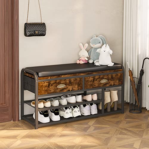 Homeiju 3 Tier Entryway Bench, Shoe Storage Bench with Padded Seating & Drawers, 35.5” Metal Entryway Foyer Hallway Bench, Vintage Brown