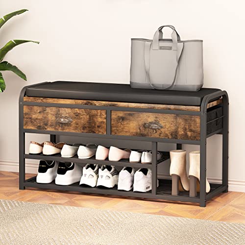 Homeiju 3 Tier Entryway Bench, Shoe Storage Bench with Padded Seating & Drawers, 35.5” Metal Entryway Foyer Hallway Bench, Vintage Brown