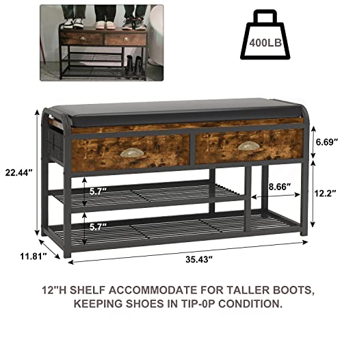 Homeiju 3 Tier Entryway Bench, Shoe Storage Bench with Padded Seating & Drawers, 35.5” Metal Entryway Foyer Hallway Bench, Vintage Brown