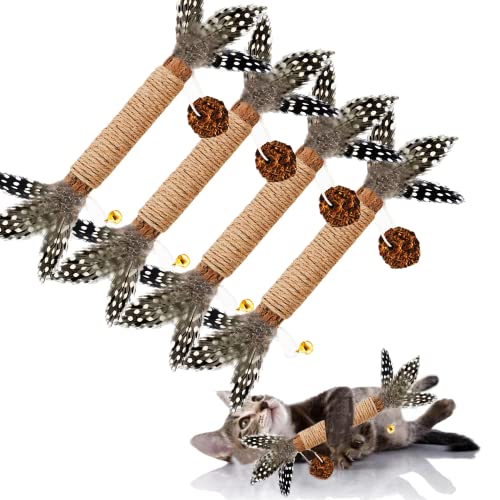 GREMBEB Cat Toys, 4 Pack Silvervine Cat Feather Toy Kitten Chew Stick Catnip Treat with Bell for Cleaning Teeth Indoor Kitty Teaser Wand Molar Snack for Interactive Pet Rabbit Bunny Hamster