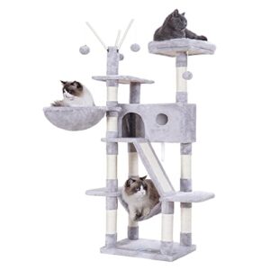 hey-brother cat tree, 61 inch cat tower for indoor cats, cat house with padded platform bed, toy balls, large cozy condo, hammocks and sisal scratching posts, light gray mpj019w