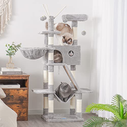 Hey-brother Cat Tree, 61 inch Cat Tower for Indoor Cats, Cat House with Padded Platform Bed, Toy Balls, Large Cozy Condo, Hammocks and Sisal Scratching Posts, Light Gray MPJ019W