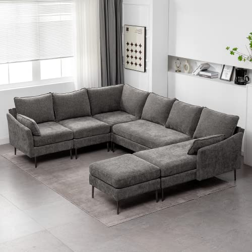 MELLCOM Modern U Shaped 6-seat Sectional Sofa Couch, Convertible Chenille Modular Sofa, Reversible Sleeper Couch with Chaise Lounge and Ottoman for Living Room, Grey