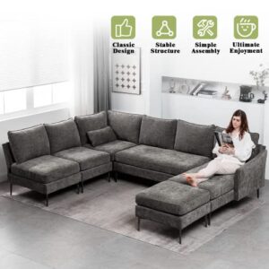 MELLCOM Modern U Shaped 6-seat Sectional Sofa Couch, Convertible Chenille Modular Sofa, Reversible Sleeper Couch with Chaise Lounge and Ottoman for Living Room, Grey