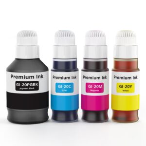 compatible gi-20 gi20 ink bottles refills kit,high yield,replacement for canon pixma g7020 pixma g6020 pixma g5020 megatank printers,170ml black ink refill, 70ml cyan magenta yellow,4 pack