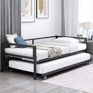 dumee metal daybed frame with trundle, multifunctional mattress foundation/ day bed sofa with headboard, easy roll in-out trundle bed (twin, black)