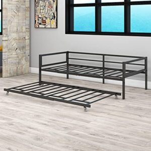 DUMEE Metal Daybed Frame with Trundle, Multifunctional Mattress Foundation/ Day Bed Sofa with Headboard, Easy Roll in-Out Trundle Bed (Twin, Black)