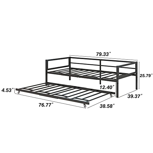 DUMEE Metal Daybed Frame with Trundle, Multifunctional Mattress Foundation/ Day Bed Sofa with Headboard, Easy Roll in-Out Trundle Bed (Twin, Black)