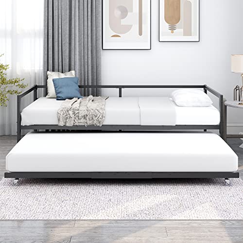 DUMEE Metal Daybed Frame with Trundle, Multifunctional Mattress Foundation/ Day Bed Sofa with Headboard, Easy Roll in-Out Trundle Bed (Twin, Black)