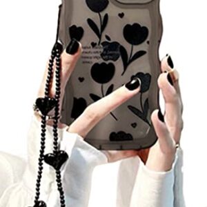 for iPhone 13 Pro Max Case Cute Clear Flower Design with Heart Bead Bracelet Strap Chain,Kawaii Soft TPU Shockproof Girly Phone Case with Camera Protection for iPhone 13 Pro Max for Women Girls Black