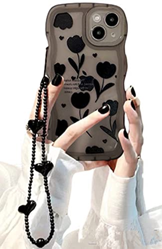 for iPhone 13 Pro Max Case Cute Clear Flower Design with Heart Bead Bracelet Strap Chain,Kawaii Soft TPU Shockproof Girly Phone Case with Camera Protection for iPhone 13 Pro Max for Women Girls Black