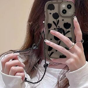 for iPhone 13 Pro Max Case Cute Clear Flower Design with Heart Bead Bracelet Strap Chain,Kawaii Soft TPU Shockproof Girly Phone Case with Camera Protection for iPhone 13 Pro Max for Women Girls Black