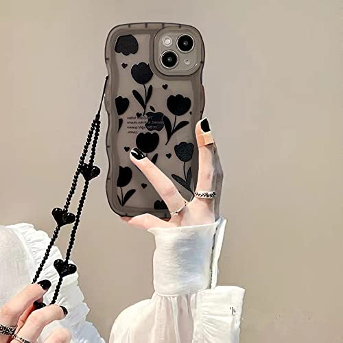 for iPhone 13 Pro Max Case Cute Clear Flower Design with Heart Bead Bracelet Strap Chain,Kawaii Soft TPU Shockproof Girly Phone Case with Camera Protection for iPhone 13 Pro Max for Women Girls Black