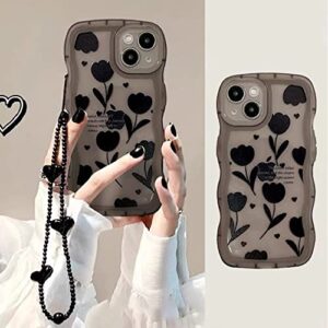 for iPhone 13 Pro Max Case Cute Clear Flower Design with Heart Bead Bracelet Strap Chain,Kawaii Soft TPU Shockproof Girly Phone Case with Camera Protection for iPhone 13 Pro Max for Women Girls Black