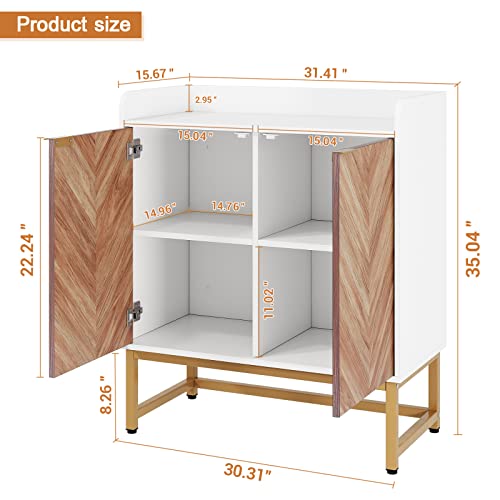 Saudism 29 Gallon Fish Tank Stand, Small Aquarium Stand 20 Gallon with Doors & Adjustable Shelves, Boho Sideboard Coffee Bar Cart, Kitchen Cupboard Console Table, 30.5" L×15.7" W×35" H, White/Gold