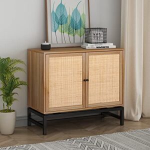 storage cabinet with rattan doors,rattan sideboard buffet cabinet with 2-tier shelf 3 adjustable holes,kitchen cupboard console table with iron bracket up to 99lbs for dining room,living room(beige)