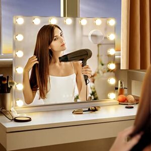 DASLAVA Vanity Mirror with Lights 25" x 21" Large Hollywood Vanity Mirror with Lights 17 Bulbs 10X Magnifying Compact Mirror, 3 Colors Modes, Touch Control Mirror with Lights, USB Charging Port