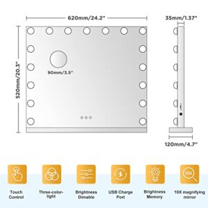 DASLAVA Vanity Mirror with Lights 25" x 21" Large Hollywood Vanity Mirror with Lights 17 Bulbs 10X Magnifying Compact Mirror, 3 Colors Modes, Touch Control Mirror with Lights, USB Charging Port