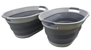 sammart 28l (7.4 gallon) oval collapsible plastic laundry basket - foldable pop up storage container/organizer - portable washing tub - space saving hamper/basket (grey (set of 2))