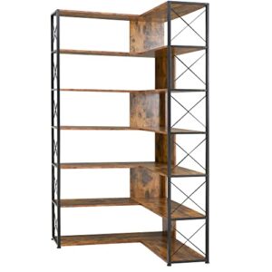 7-Tier Corner Bookshelf, Home Office Bookshelf, L-Shaped Corner Bookcase with Metal Frame, Industrial Style Shelf with Open Storage, MDF Board (Brown)