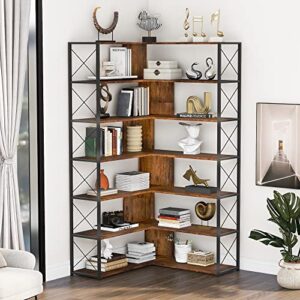 7-Tier Corner Bookshelf, Home Office Bookshelf, L-Shaped Corner Bookcase with Metal Frame, Industrial Style Shelf with Open Storage, MDF Board (Brown)