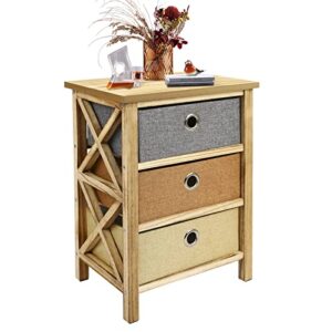 ecomex nightstand with 3 drawers, bedroom nightstand small dresser with wood top, easy pull fabric bins, organizer storage unit for home office, bedroom, light burnt