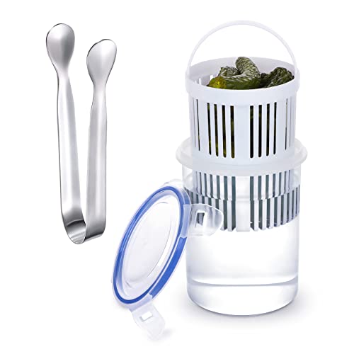 JASREE Pickle Jar with Strainer Insert, Deli Food Storage Containers with Lids and Mini Tong Pickles Flip Jar Pickle Storage Container for Olive Jalapeno Juice Food Storage