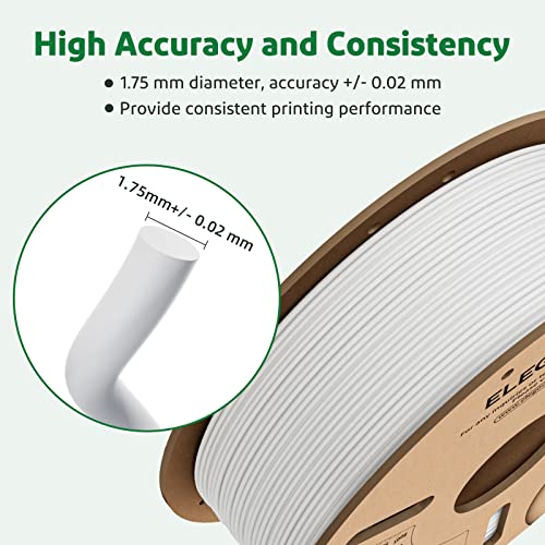 ELEGOO PLA Filament 1.75mm White 1kg Spool, 3D Printer Filament Dimensional Accuracy +/- 0.02mm 2.2lbs Neat Roll Fits for Most FDM 3D Printers