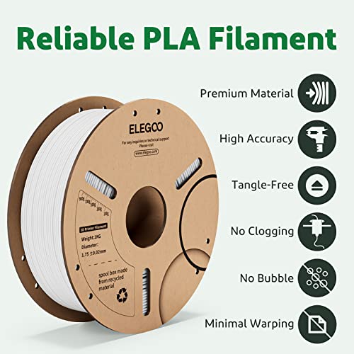 ELEGOO PLA Filament 1.75mm White 1kg Spool, 3D Printer Filament Dimensional Accuracy +/- 0.02mm 2.2lbs Neat Roll Fits for Most FDM 3D Printers