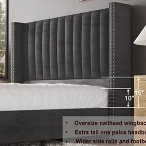 Jocisland Bed Frame Queen Size Upholstered Bed Wingback Headborad Velvet Channel Tufted/No Box Spring Needed/Dark Grey
