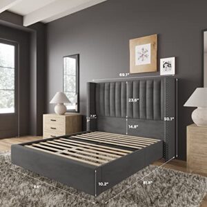 Jocisland Bed Frame Queen Size Upholstered Bed Wingback Headborad Velvet Channel Tufted/No Box Spring Needed/Dark Grey