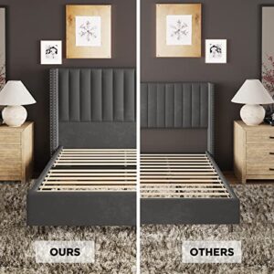 Jocisland Bed Frame Queen Size Upholstered Bed Wingback Headborad Velvet Channel Tufted/No Box Spring Needed/Dark Grey