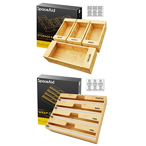 SpaceAid Bag Storage Organizer for Kitchen Drawer, Bamboo Organizer, (4 Pack) WrapNeat 4 in 1 Wrap Dispenser