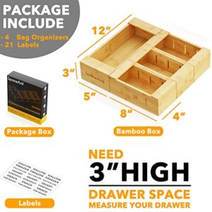 SpaceAid Bag Storage Organizer for Kitchen Drawer, Bamboo Organizer, (4 Pack) WrapNeat 4 in 1 Wrap Dispenser