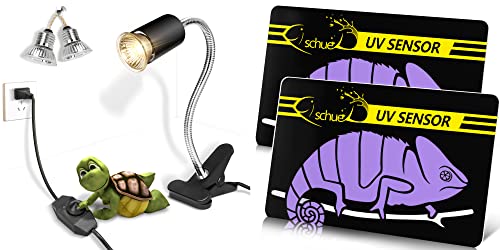 Fischuel Reptile Heat Lamp with Clamp,Dimmable Switch(Bulb Included) & UV Teating Card, Quick Test UVB Sensor, Over 500 Times Reusable (2 Packs)