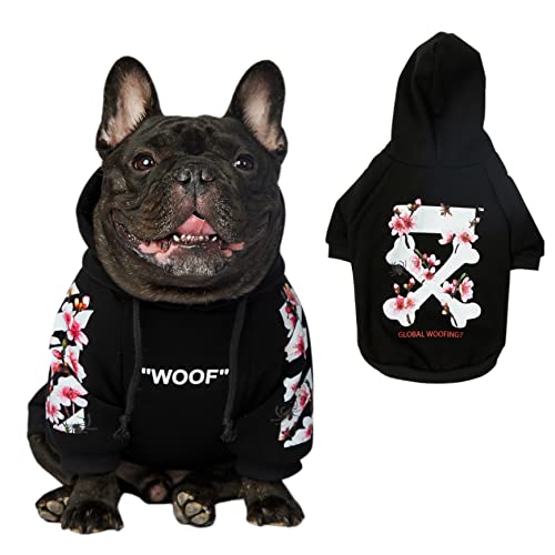 ChoChoCho Woof Dog Hoodie, Designer Dog Hoodies for Small Medium Large Breeds, Art Collection Dog Sweatshirts, Street Drawstring Hoodies Outfit Clothes for Puppy Puppies (M, Sakura/Black)