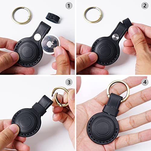 Handmade Genuine Leather Airtag Holder Keychain, Full Coverage Air Tag Holder with Key Rings, Airtag Hidden Cover Accessories for Luggage, Keys, Backpack etc. Black