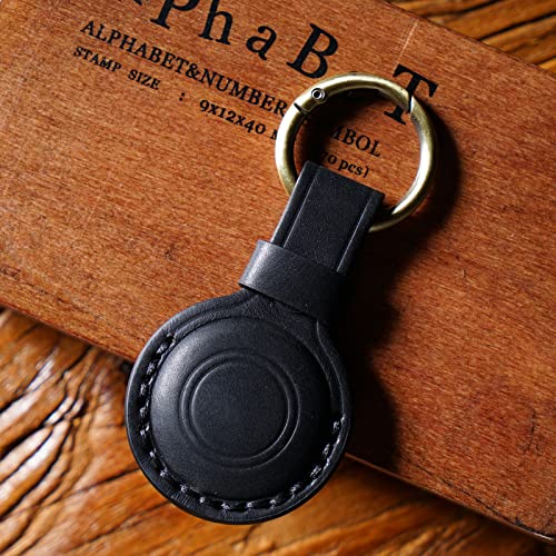 Handmade Genuine Leather Airtag Holder Keychain, Full Coverage Air Tag Holder with Key Rings, Airtag Hidden Cover Accessories for Luggage, Keys, Backpack etc. Black