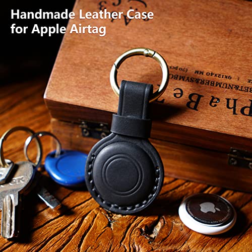 Handmade Genuine Leather Airtag Holder Keychain, Full Coverage Air Tag Holder with Key Rings, Airtag Hidden Cover Accessories for Luggage, Keys, Backpack etc. Black