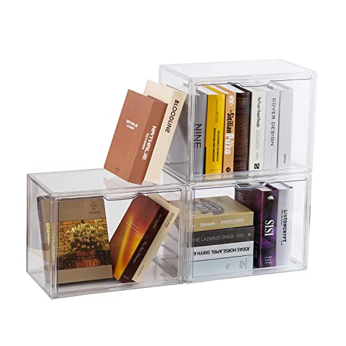 BOHOIDEE Clear Book Storage Organizer for Bookshelf, Plastic Stackable Book Display Case with Magnetic Door, Acrylic Showcase for Toys Handbags, Shoes, Purses