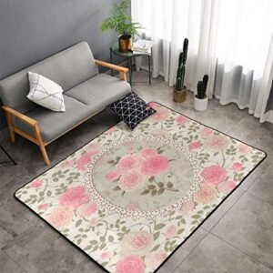soft area rug for living room,vintage floral shabby chic roses lace frame pink flowers bouquets green leaves,large floor carpets doormat non slip washable indoor rugs for bedroom kids room 5 x 7ft