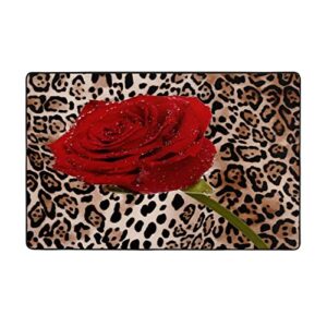 Soft Area Rug for Living Room,Leopard Red Rose Mix Wild Animal Leopard Print Pattern Background Romantic,Large Floor Carpets Doormat Non Slip Washable Indoor Rugs for Bedroom Kids Room 5 x 7Ft