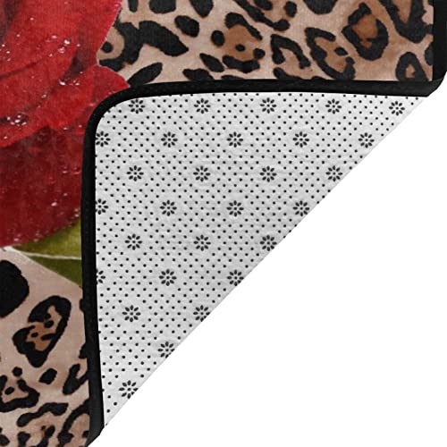 Soft Area Rug for Living Room,Leopard Red Rose Mix Wild Animal Leopard Print Pattern Background Romantic,Large Floor Carpets Doormat Non Slip Washable Indoor Rugs for Bedroom Kids Room 5 x 7Ft