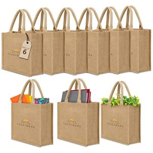 burlap bags with handles - reusable with classic style -waterproof inner lining –pack of 6– 12”x10”x4” - perfect jute bags for grocery shopping, wedding, beach halloween favors