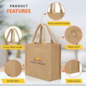 Burlap Bags with Handles - Reusable with Classic style -Waterproof Inner Lining –Pack of 6– 12”x10”x4” - Perfect Jute Bags for Grocery Shopping, Wedding, Beach Halloween Favors