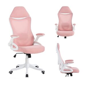 nordicana pink ergonomic mesh office chair, high back desk chair - with upholstered headrest, flip-up arms, tilt function, lumbar support, swivel computer task chair