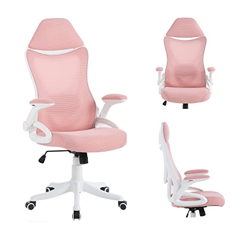 NORDICANA Pink Ergonomic Mesh Office Chair, High Back Desk Chair - with Upholstered Headrest, Flip-Up Arms, Tilt Function, Lumbar Support, Swivel Computer Task Chair